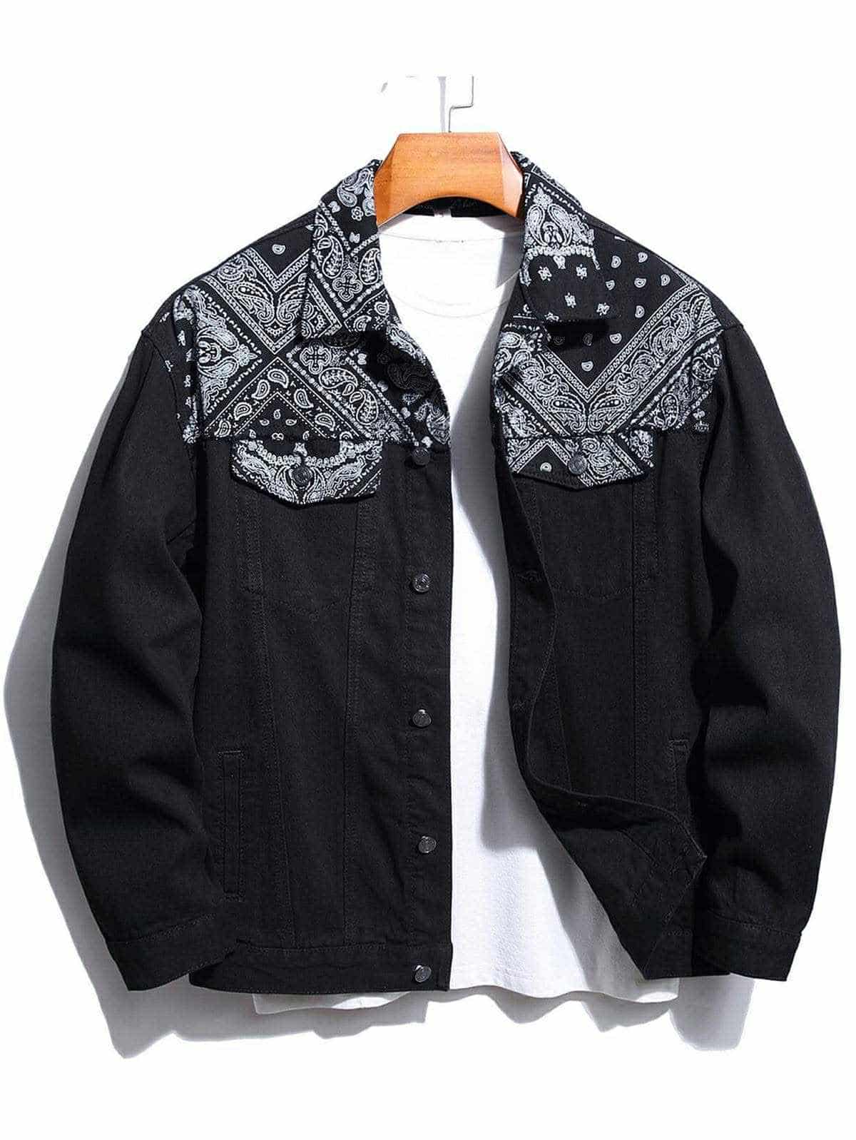 Black denim jacket with patterned collar on a white background