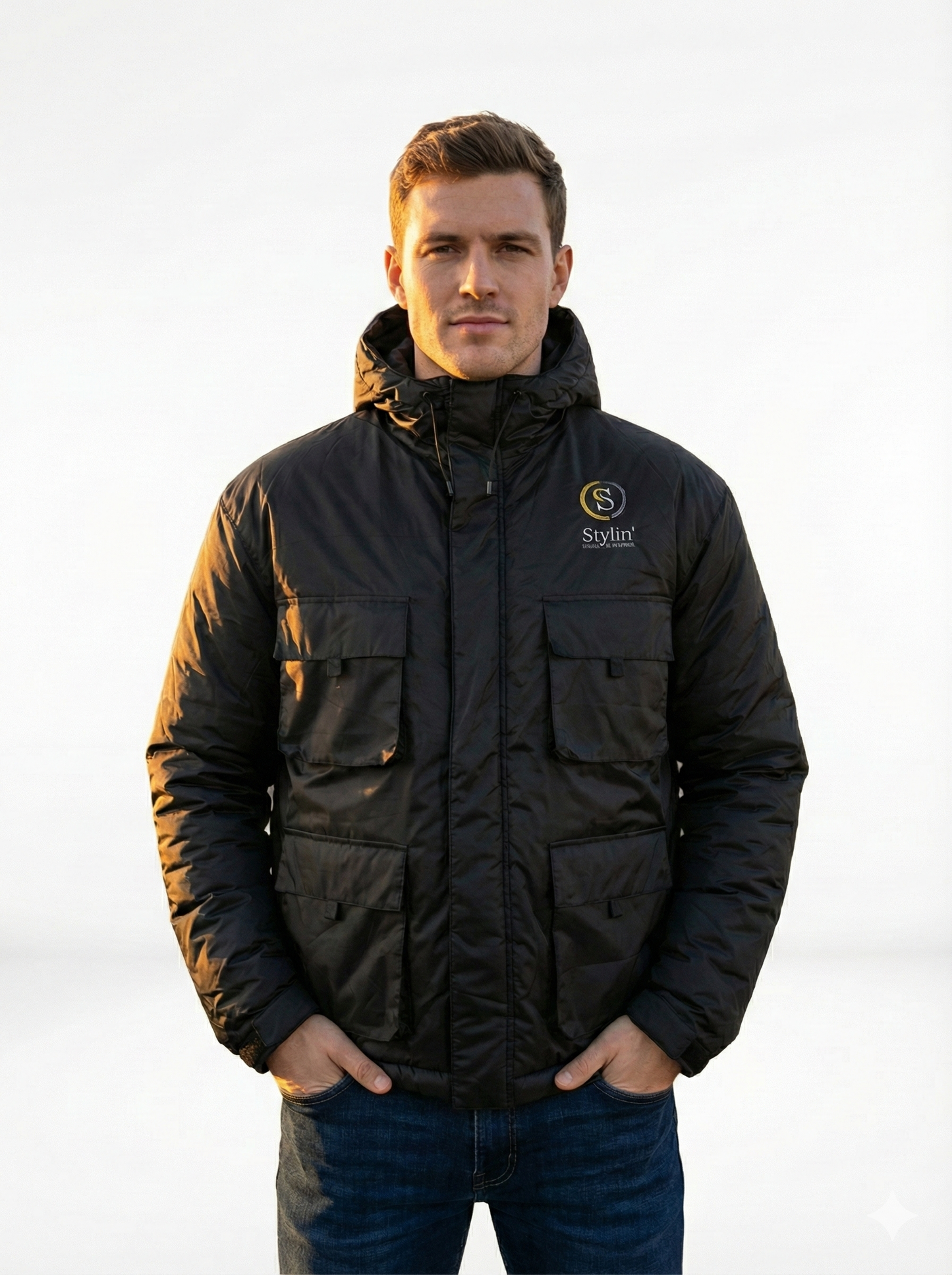 Men's Casual Jacket Winter Coat Waterproof and Windproof hoodie Sports Outdoor Zipper Northern Down Jacket Black.