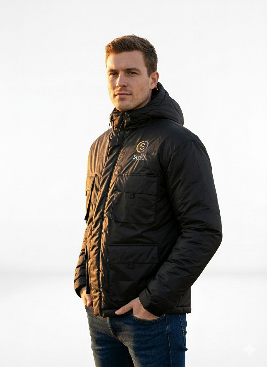 Men's Casual Jacket Winter Coat Waterproof and Windproof hoodie Sports Outdoor Zipper Northern Down Jacket Black.